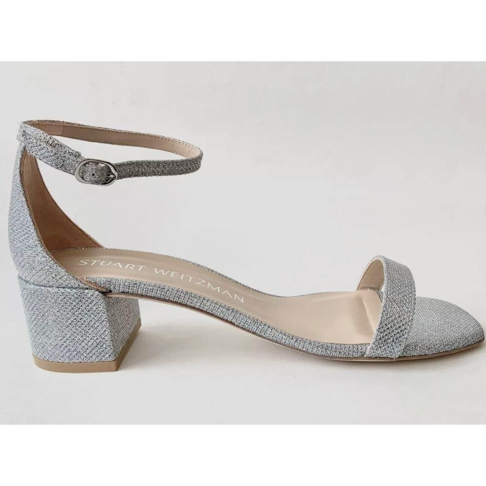 Stuart Weitzman Nudistcurve 35 Block Sandal Heels Silver Size 6 US 36.5 US NIB